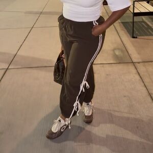 Brown Drawstring Track Pants with White Side Stripes